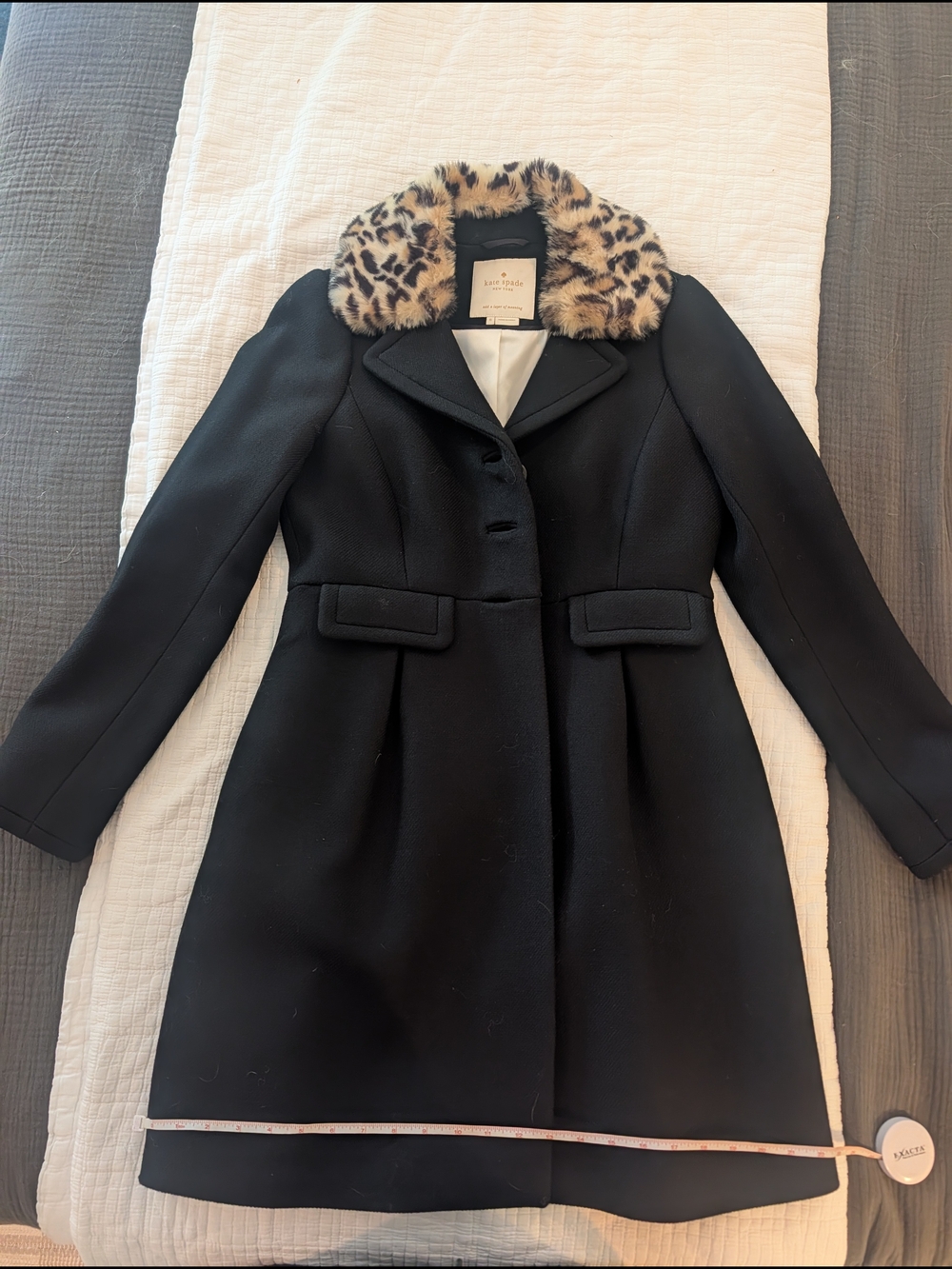Kate Spade Black Wool Coat with Faux Leopard Fur Collar